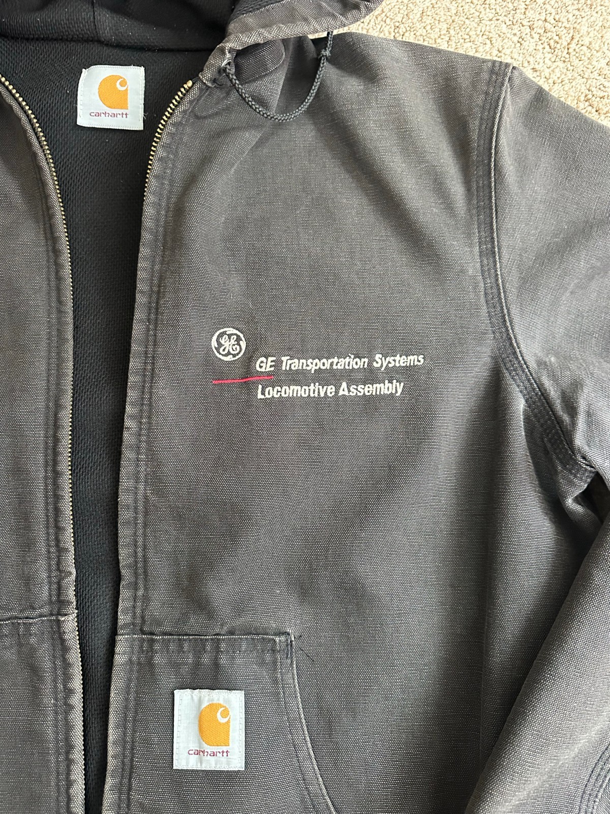 Vintage Carhartt Active Jacket GE Transportation Thermal Lined Black Faded M