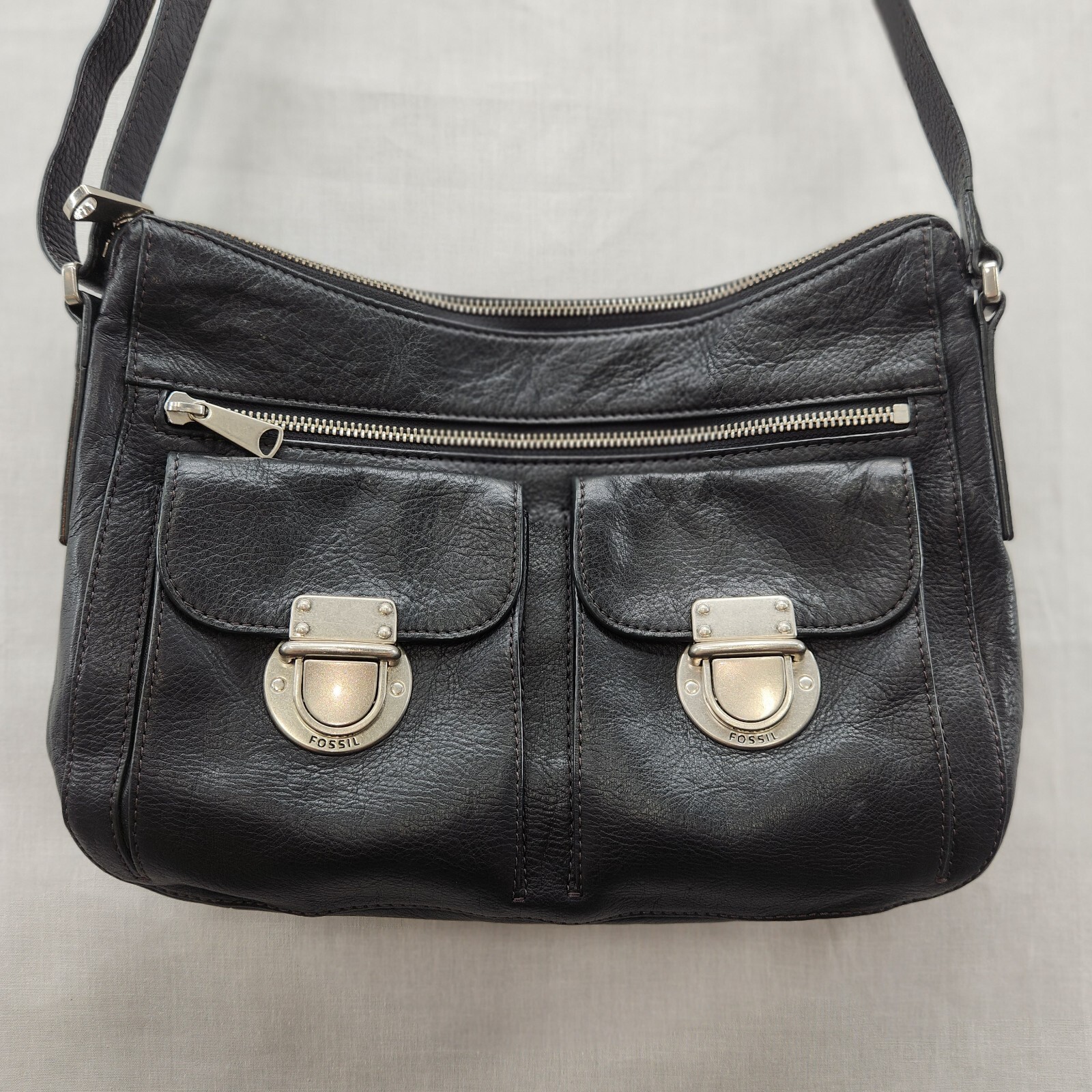 Fossil Purse Riley Genuine Leather Black Push Lock Cross Body Shoulder Bag