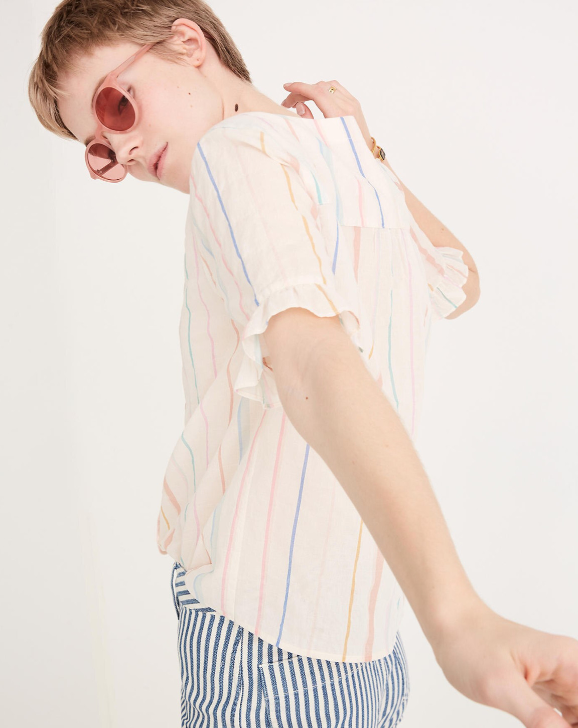 MADEWELL MULTICOLOR RAINBOW STRIPED RUFFLE SLEEVE BUTTON VILLAGE DOWN SHIRT XL