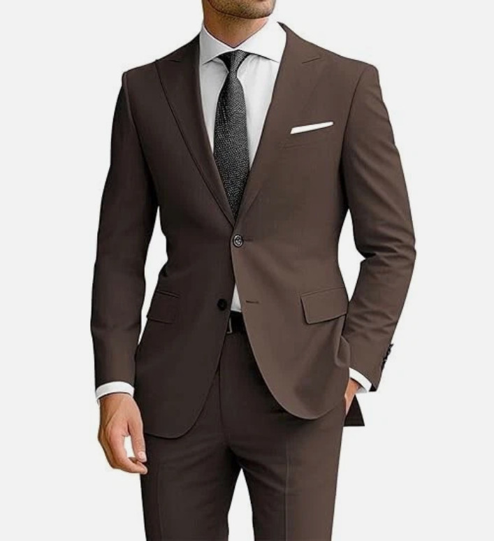 Brown 2Pcs Men’s Suit Slim Fit Business Formal Tuxedos Wedding Groom Jacket Coat