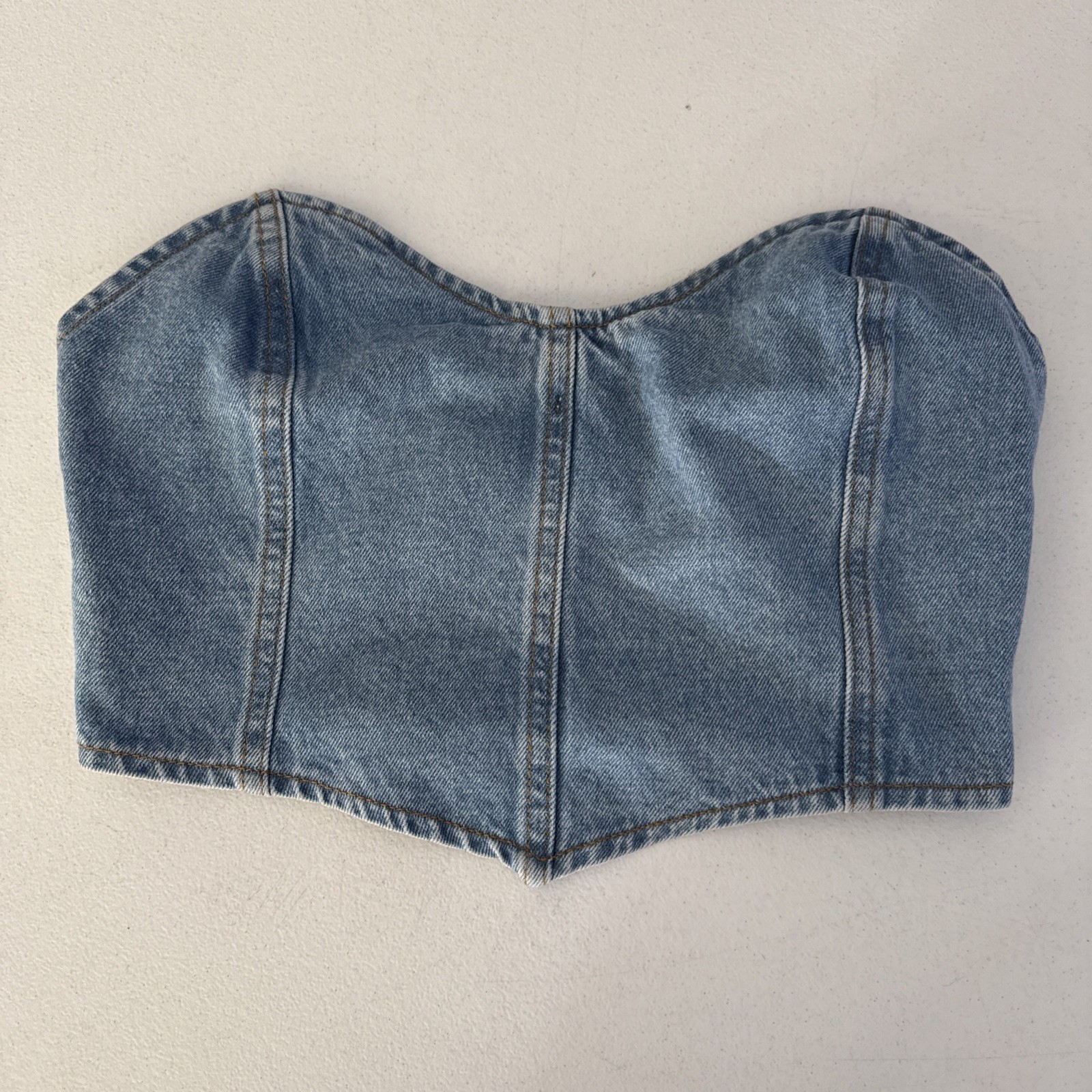 PRETTY LITTLE THING WOMENS LARGE DENIM BUSTIER TOP SWEET HEART WESTERN COQUETTE