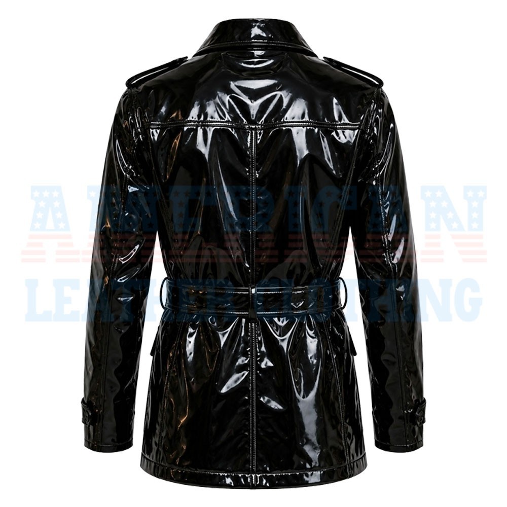 Men’s Glossy Black PVC Trench Jacket Belted Vinyl Coat with Utility Pockets