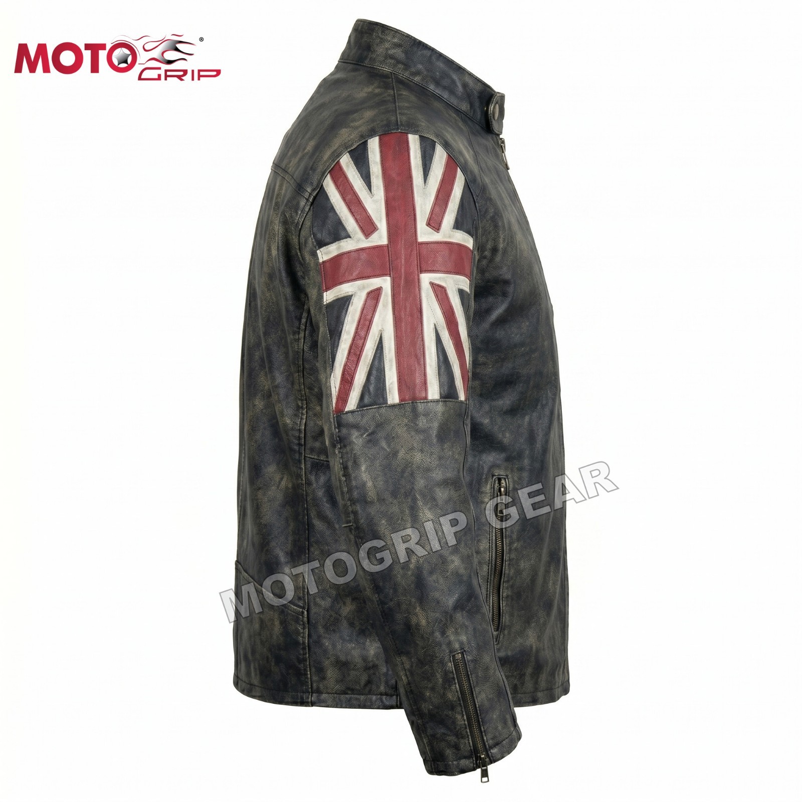 Men’s Biker Cafe Racer Motorcycle UK Flag Patch Vintage Distressed Black Leather
