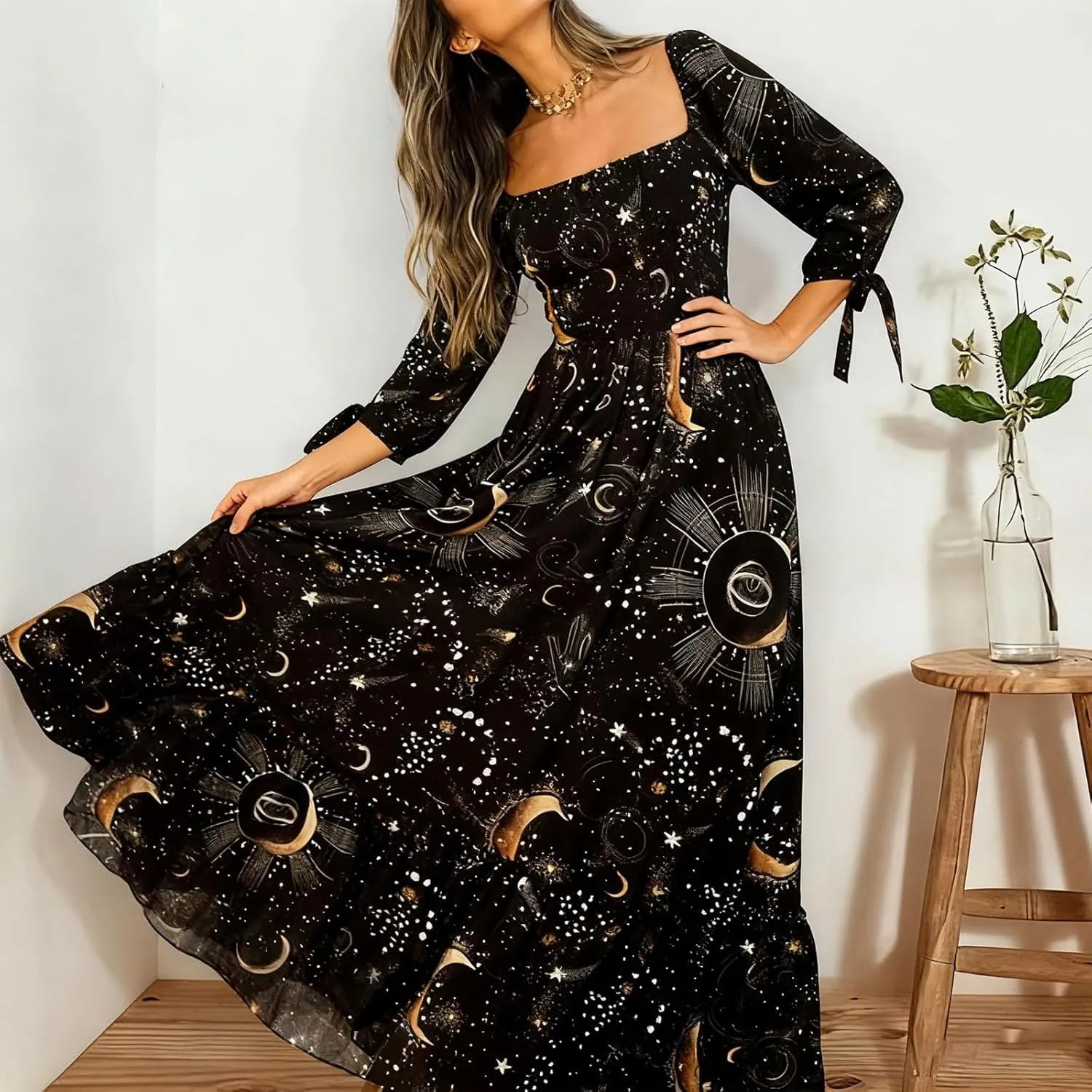Womens Boho Maxi Dress 3/4 Sleeve Celestial Print Flowy Casual Beach Dress