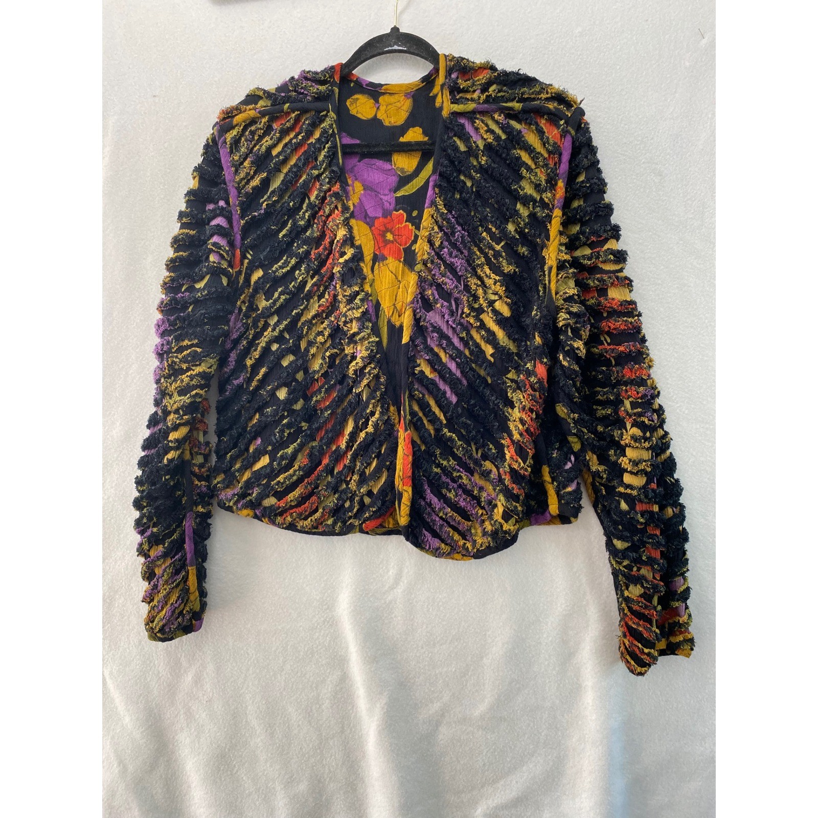 Unbranded Reversible Quilted Jacket Women L Black Floral Art to Wear Fringe