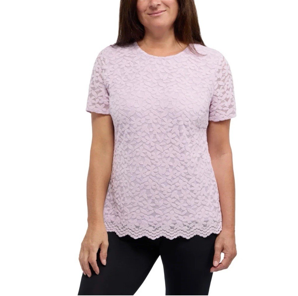 Teddi Rose Floral Lace Overlay Short Sleeve Top, Women’s, Size L, Color Purple..