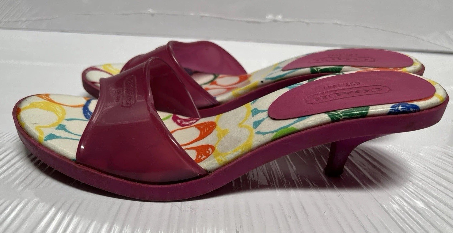 VTG Y2K Coach SCRIBBLE Signature Jelly Pink Kitten Heel Slip On Sandals Size 8