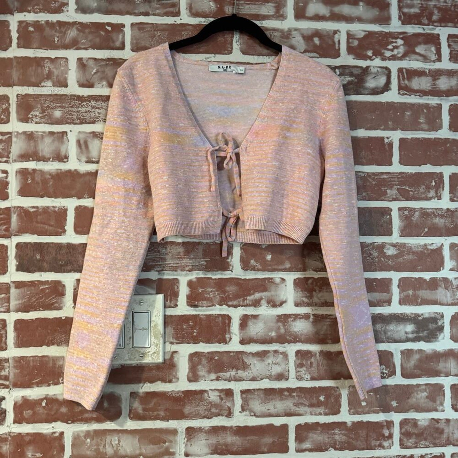 NA-KD Pastel Tie Front Cropped Knit Cardigan Pink Multicolor Sweater Size 34 XS