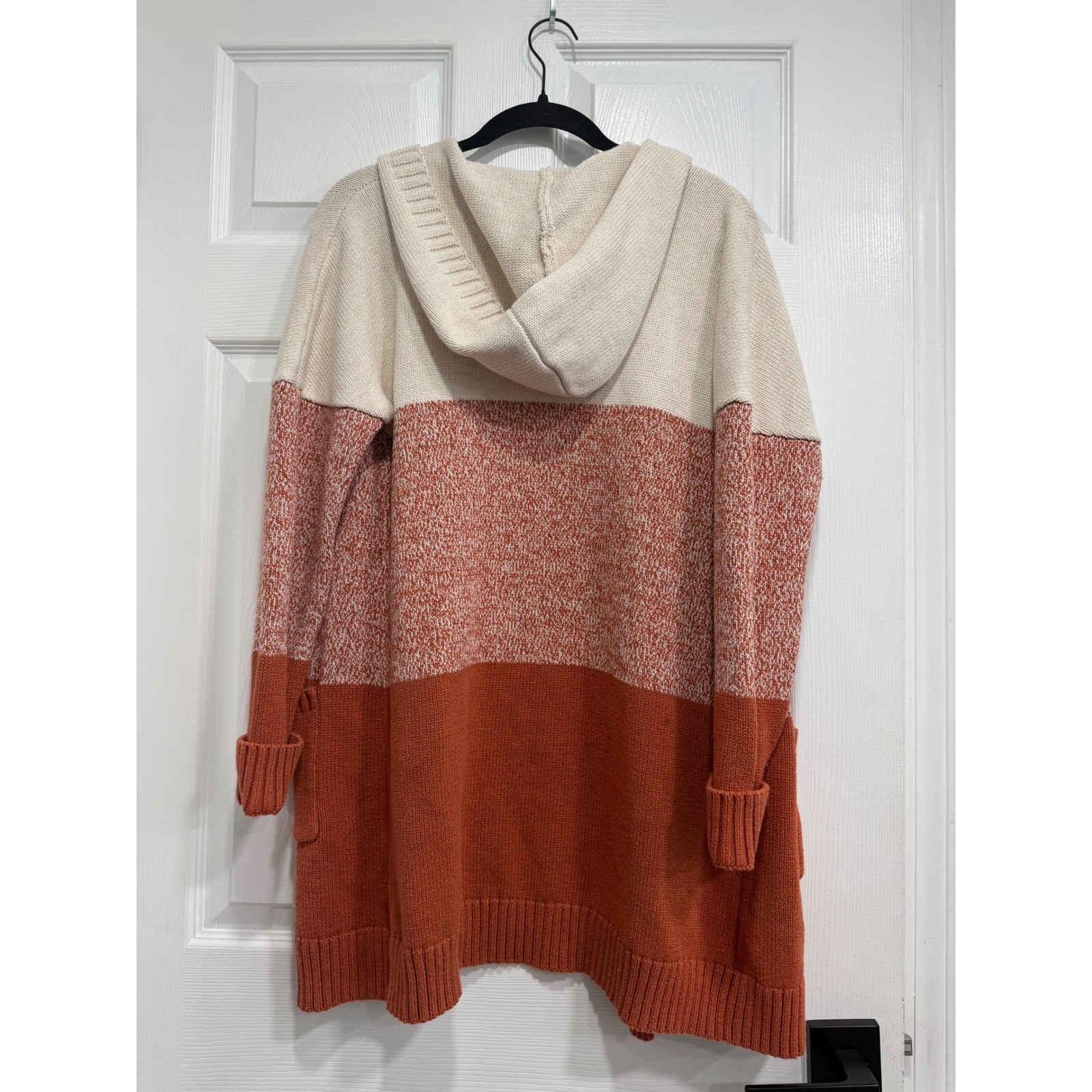 Tahari Womens Colorblock Hooded Cardigan Sweater Orange Rust Cream Medium