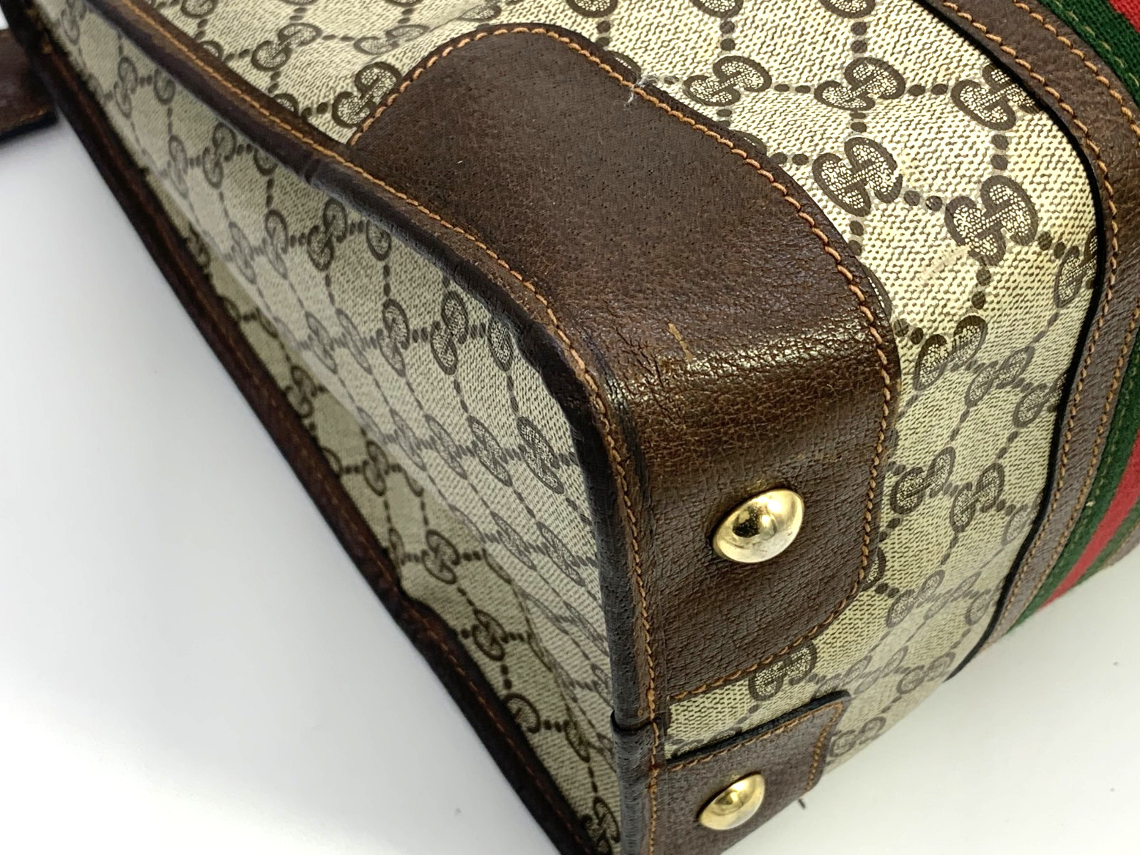 GUCCI VINTAGE Web Stripe Handbag Boston GG Supreme Classic Brown Rare Authentic
