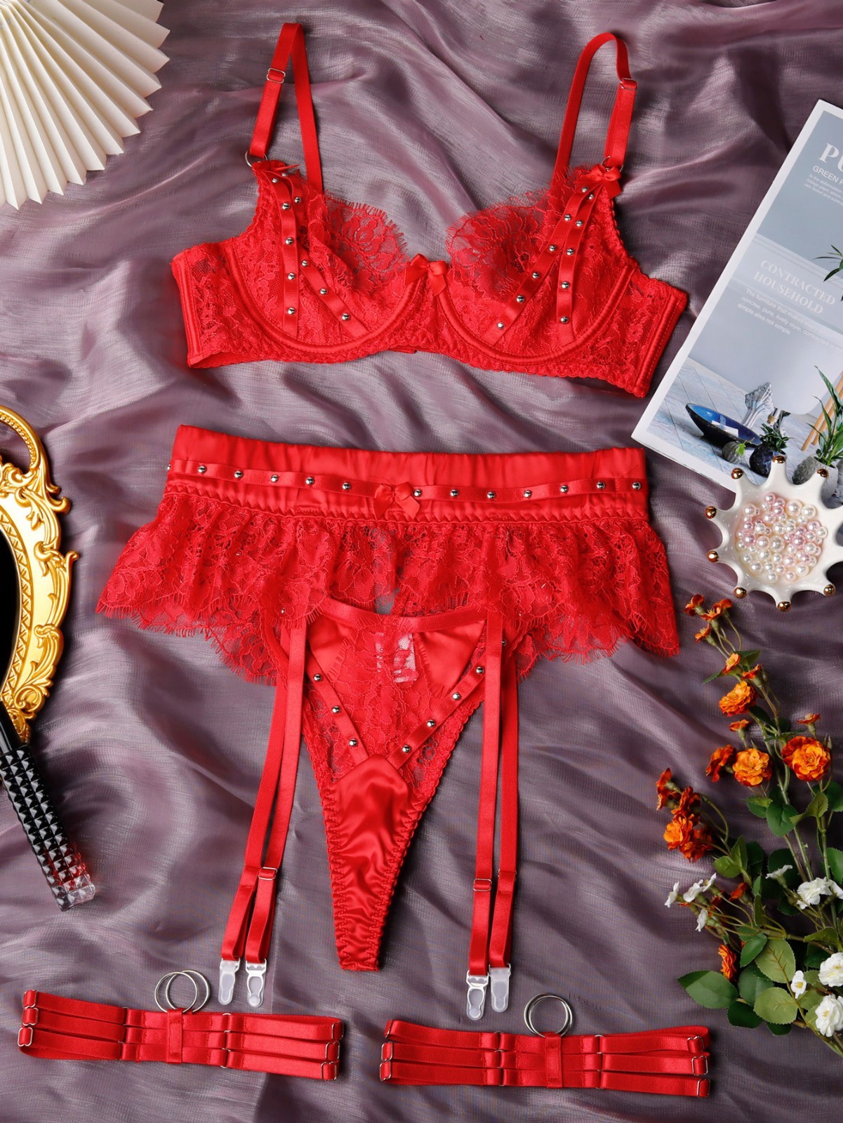 Strap Spliced Lace Sexy Garter Belt Lingerie Outfit For Women S-L