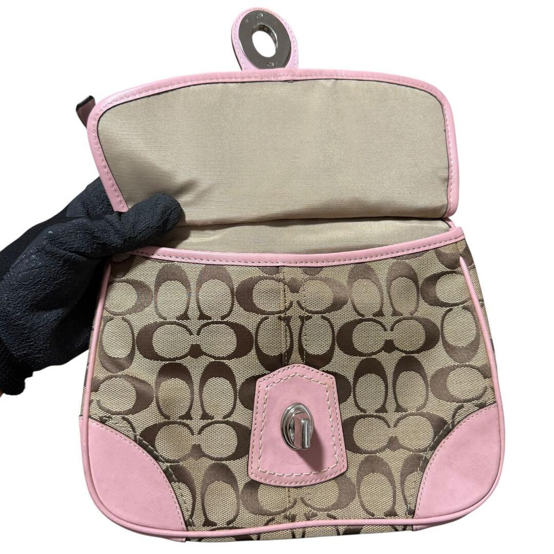 Coach Pink Signature Turn Lock Canvas Leather Shoulder Bag Crossbody Auth