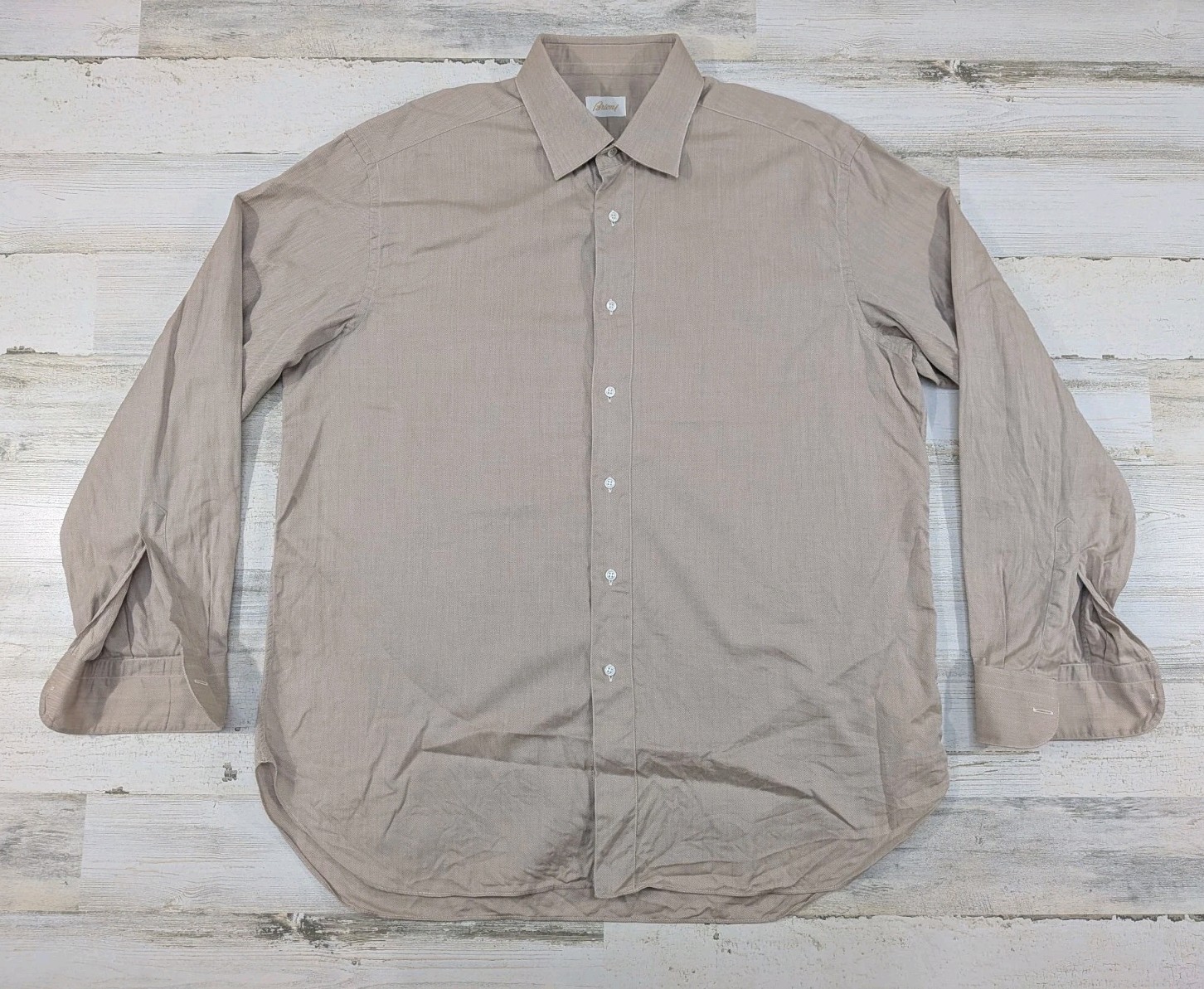 Brioni Shirt Mens 44 17.5 Tan Herringbone Button Up Made In Italy