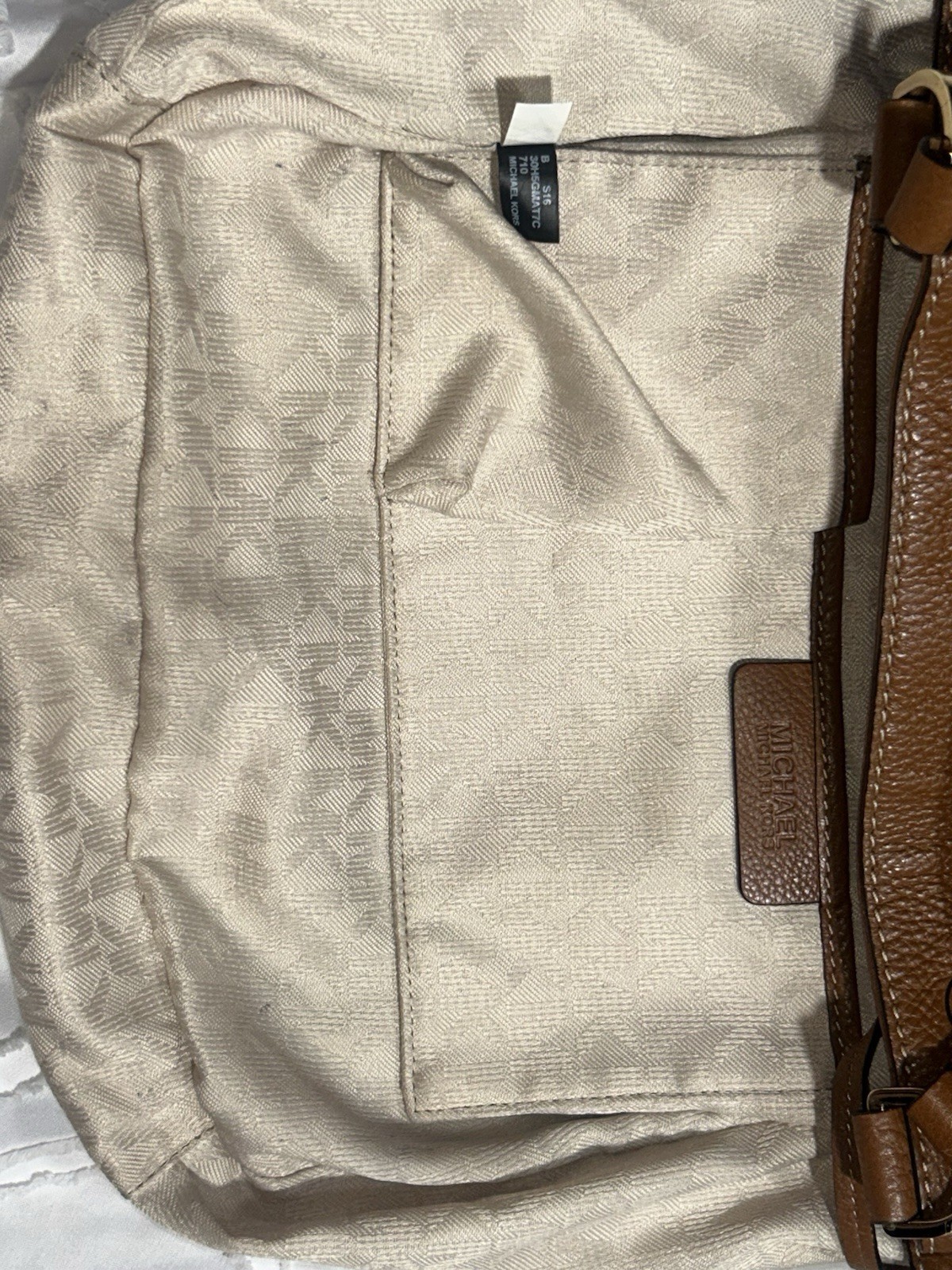 Michael Kors Marina Large Canvas Drawstring Tote Bag Gold Metallic Brown Leather