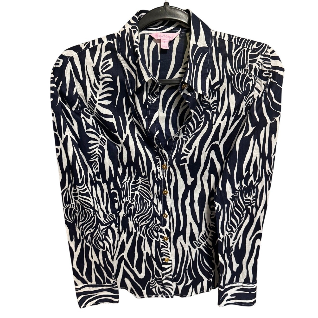 Lilly Pulitzer Entourage Zebra Button Down Shirt Navy Blue White Size 6