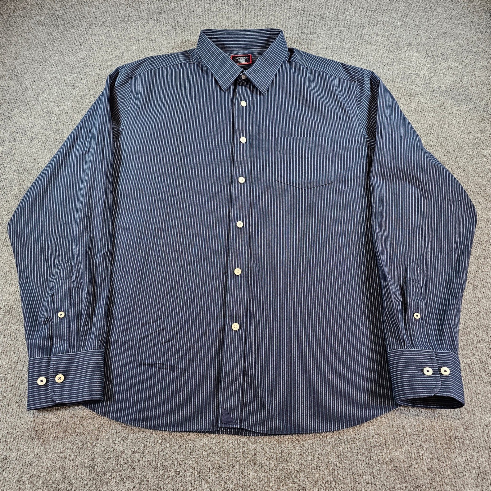 UNTUCKit Sorbara WF Navy Blue White Stripe Wrinkle Free Shirt XL Regular 41254