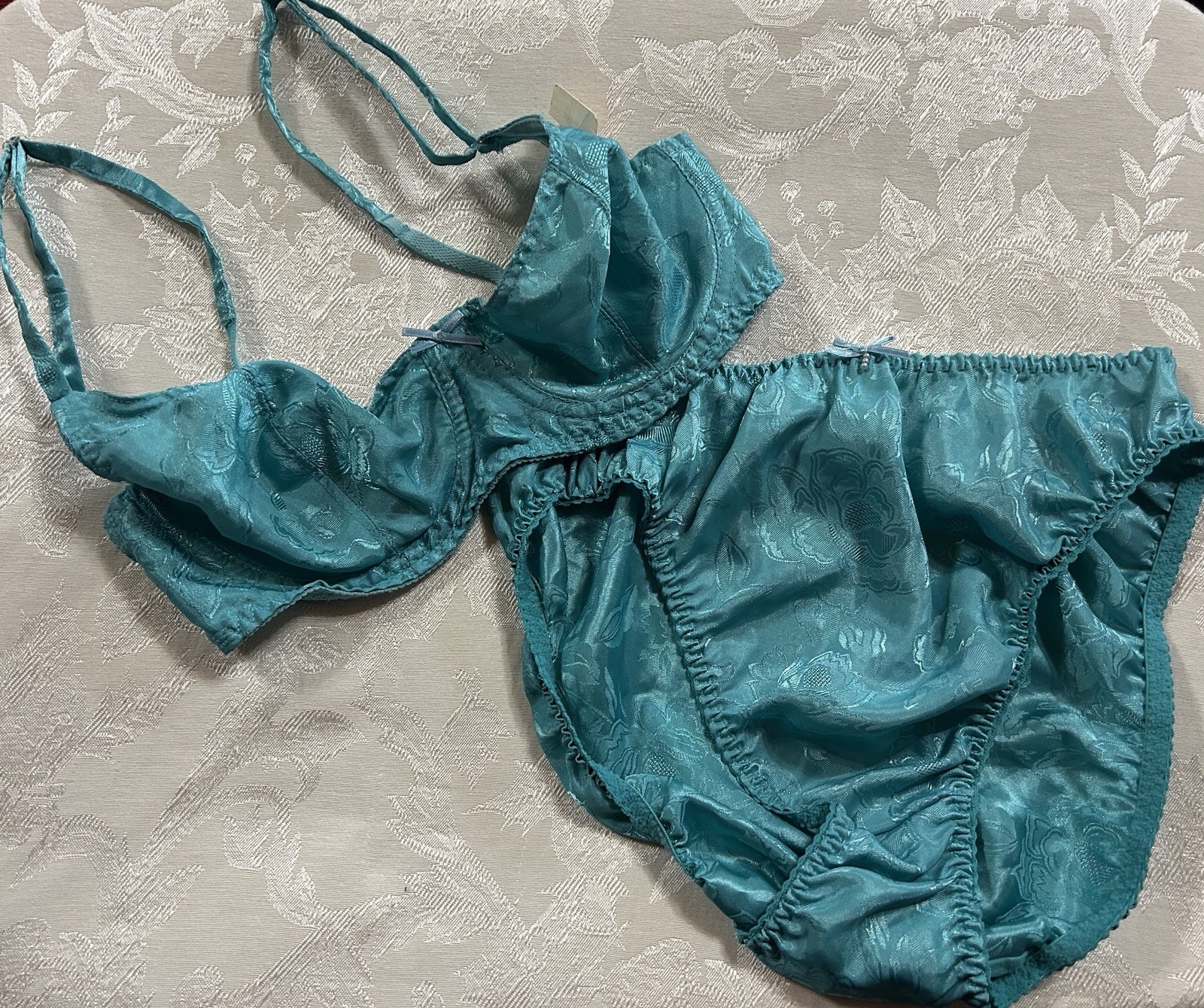 NWT Vtg NO EXCUSES Floral Shiny Satin 36C Bra Sz 7 Hi-Cut Panties Set