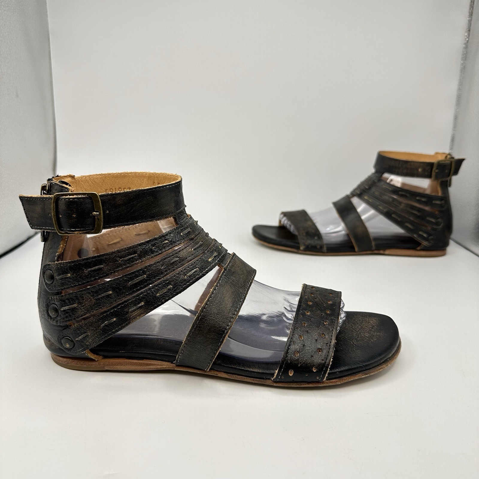 BED STU-Artemis Gladiator Sandals Black Hand Wash Leather Zip Women Size 9.5