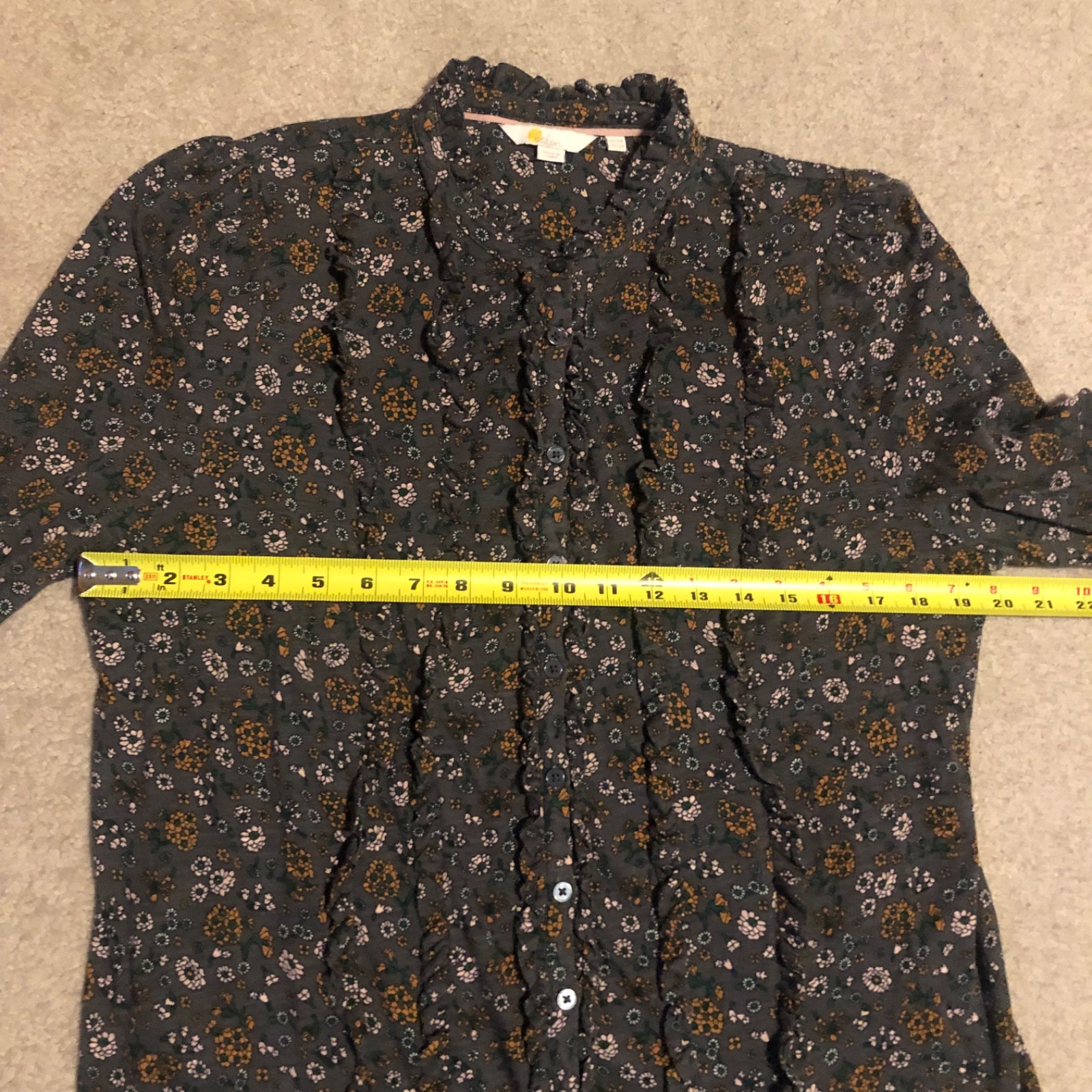 Boden Ditzy Floral Print Gray Ruffle Blouse Women’s Size 12 Boho Cottagecore