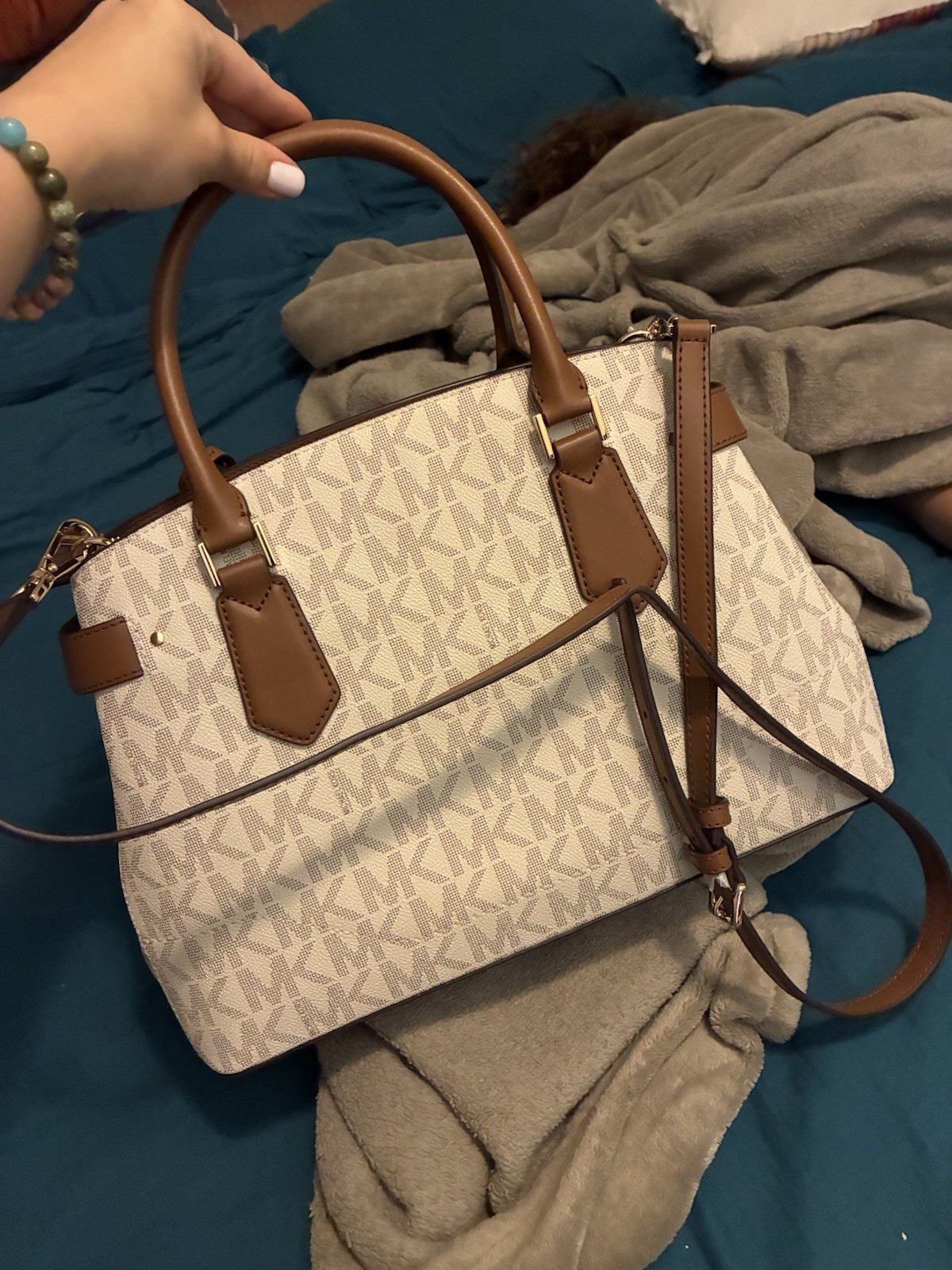 Michael Kors Signature Monogram Satchel Medium Zip Detachable Crossbody Beige