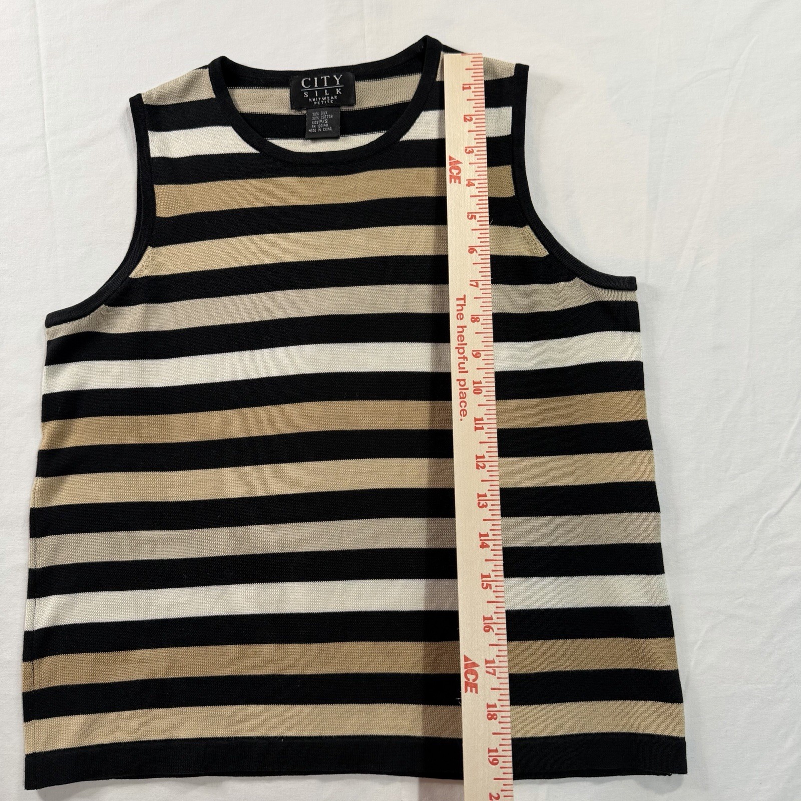City Silk Black Beige White Striped Knit Sleeveless Crew Neck Pullover P/S B91