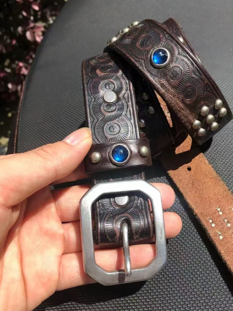 RRL Double RL Tooled Studded Gemstone Western Brown Leather Belt Vintage Size 34