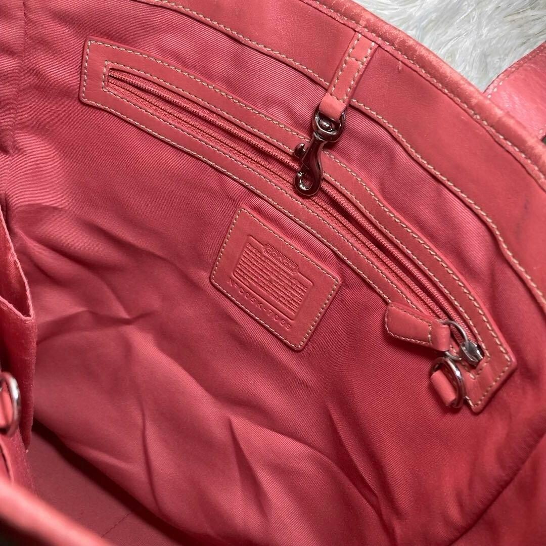 COACH Pink Brown Canvas Leather Tote Bag Logo Inner Pockets 11.8×12.6 in