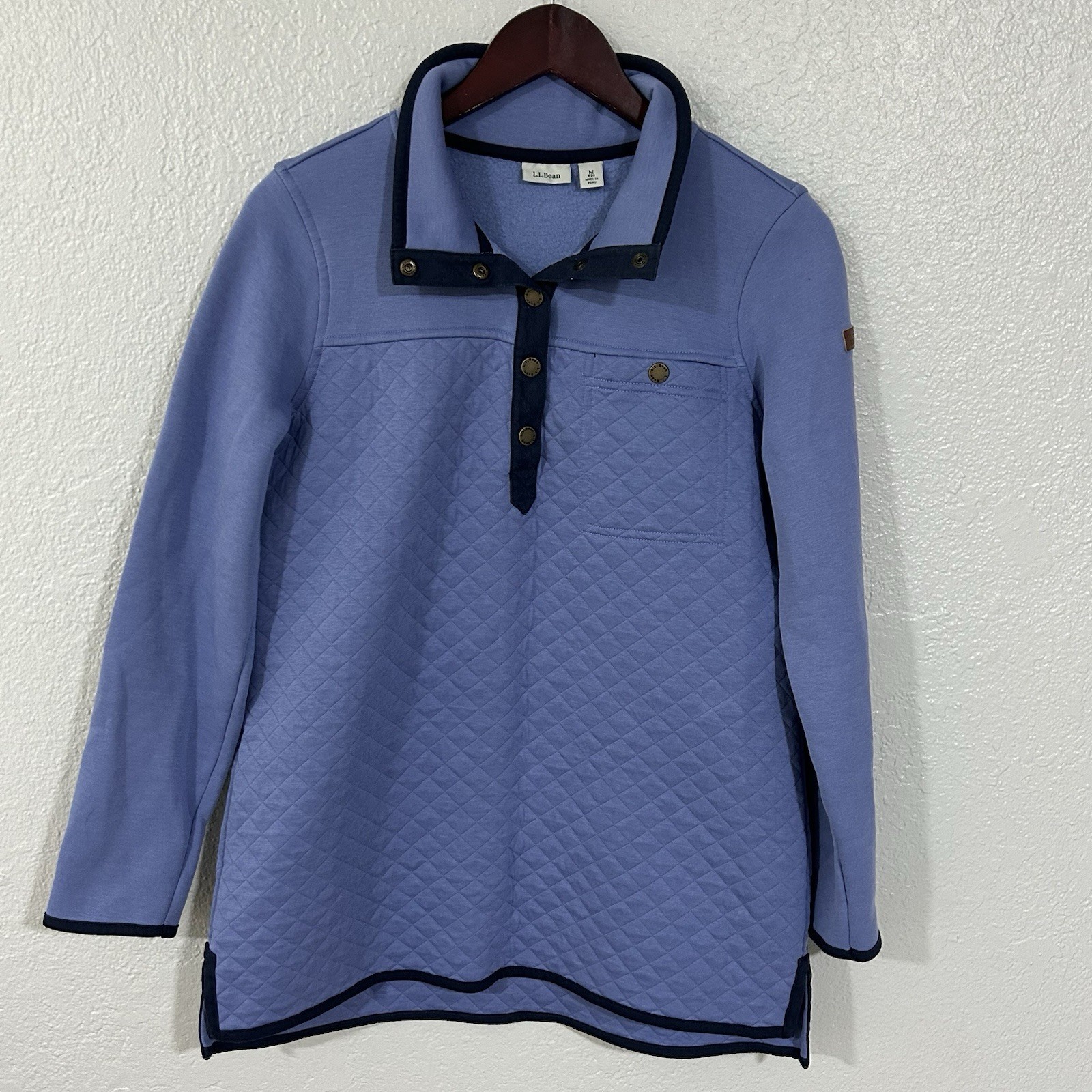 L.L.Bean Quilted Snap-Neck Pullover Sweatshirt, Size M Blue
