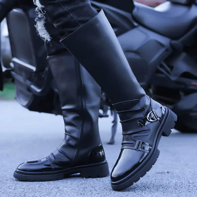 Mid Claf Boots Men’s Vintage Pleated Patent Leather Riding Motorcycle Punk Shoes