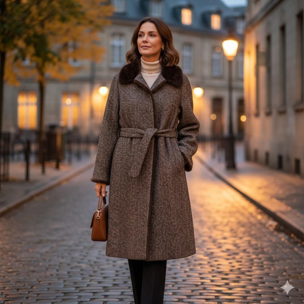 Max Mara mink fur coat, wool, brown tweed, size L