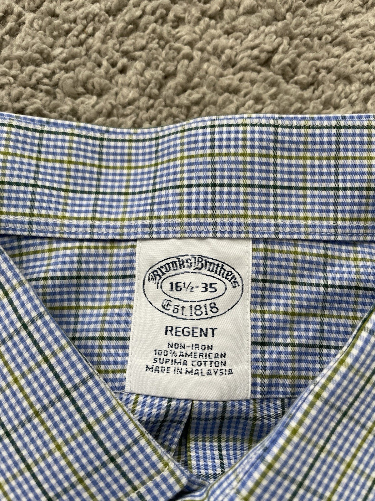 Brooks Brothers Regent Non-Iron Dress Shirt 16.5 35 Blue Green Check Cotton