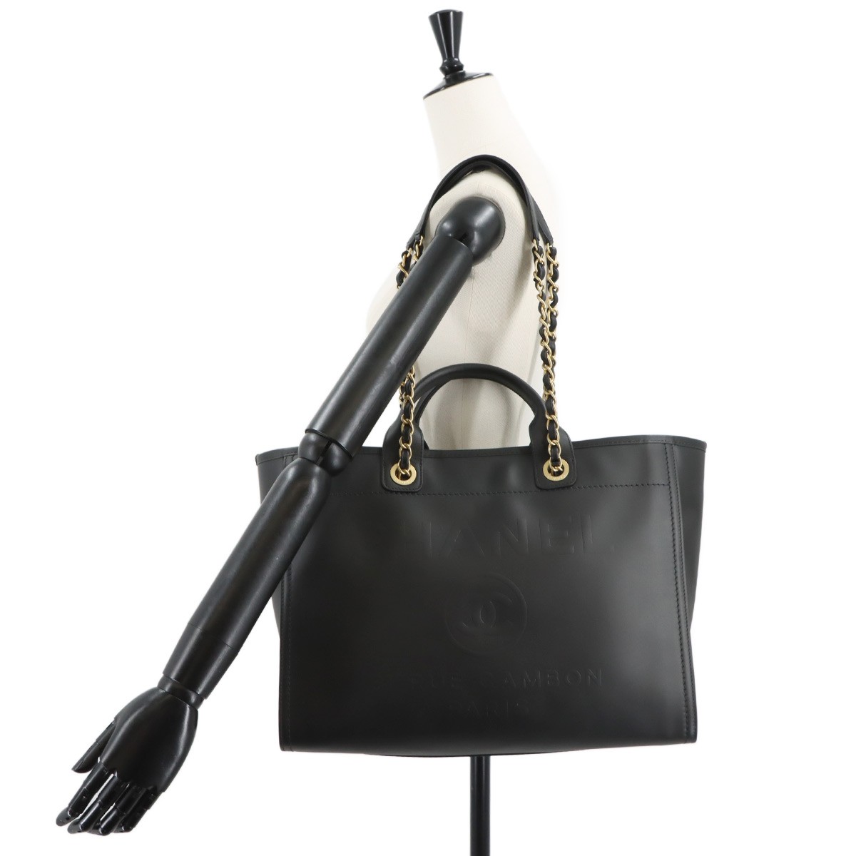 CHANEL Deauville GM Tote Chain Shoulder Bag Leather Black Purse 90322242