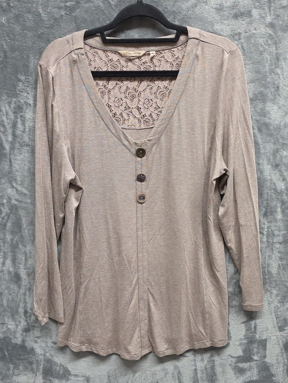 Soft Surroundings Taupe Lace-Back V-Neck Long Sleeve Top