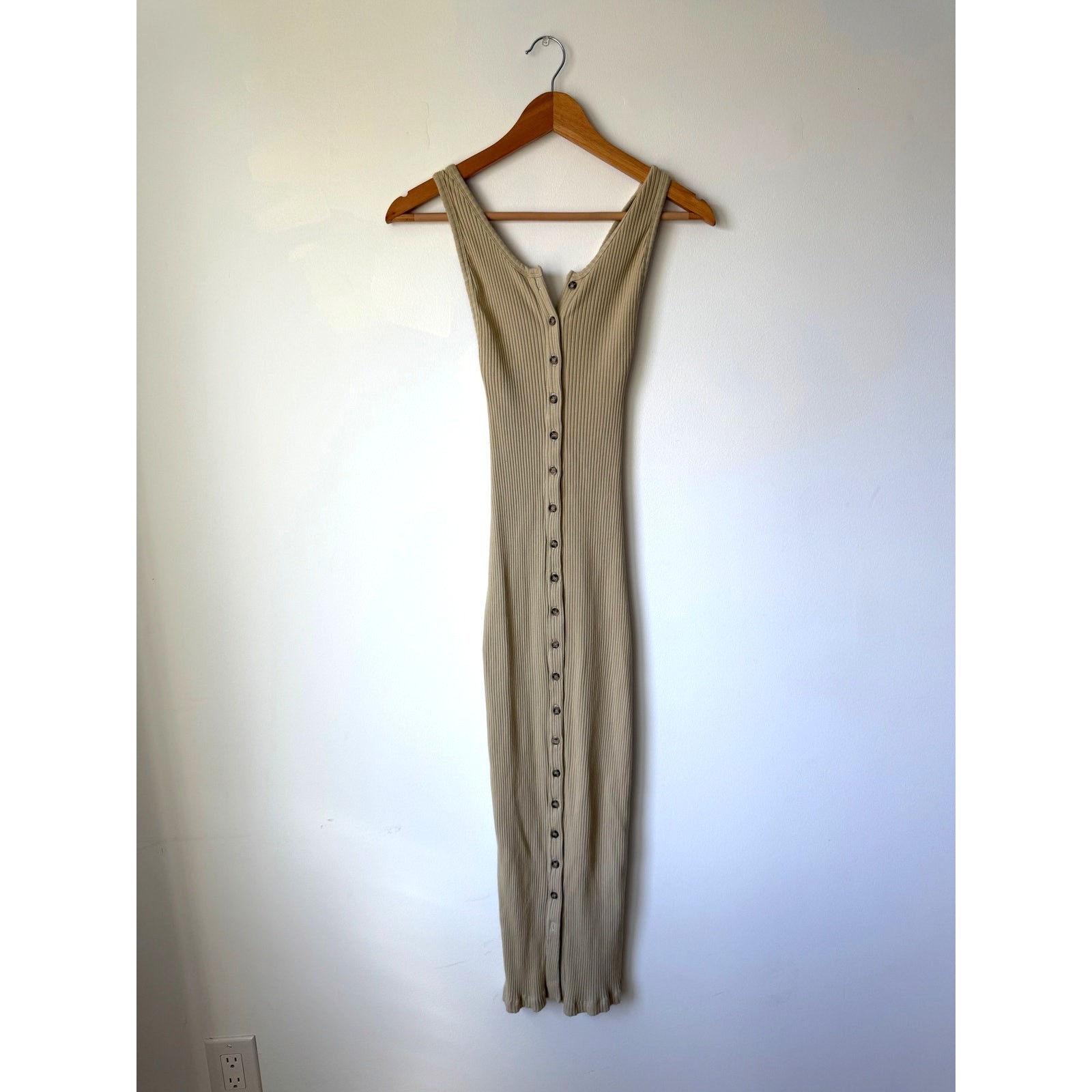 The Line By K Ribbed Button Down Bodycon Dress Stretch Cotton Beige Women Size S