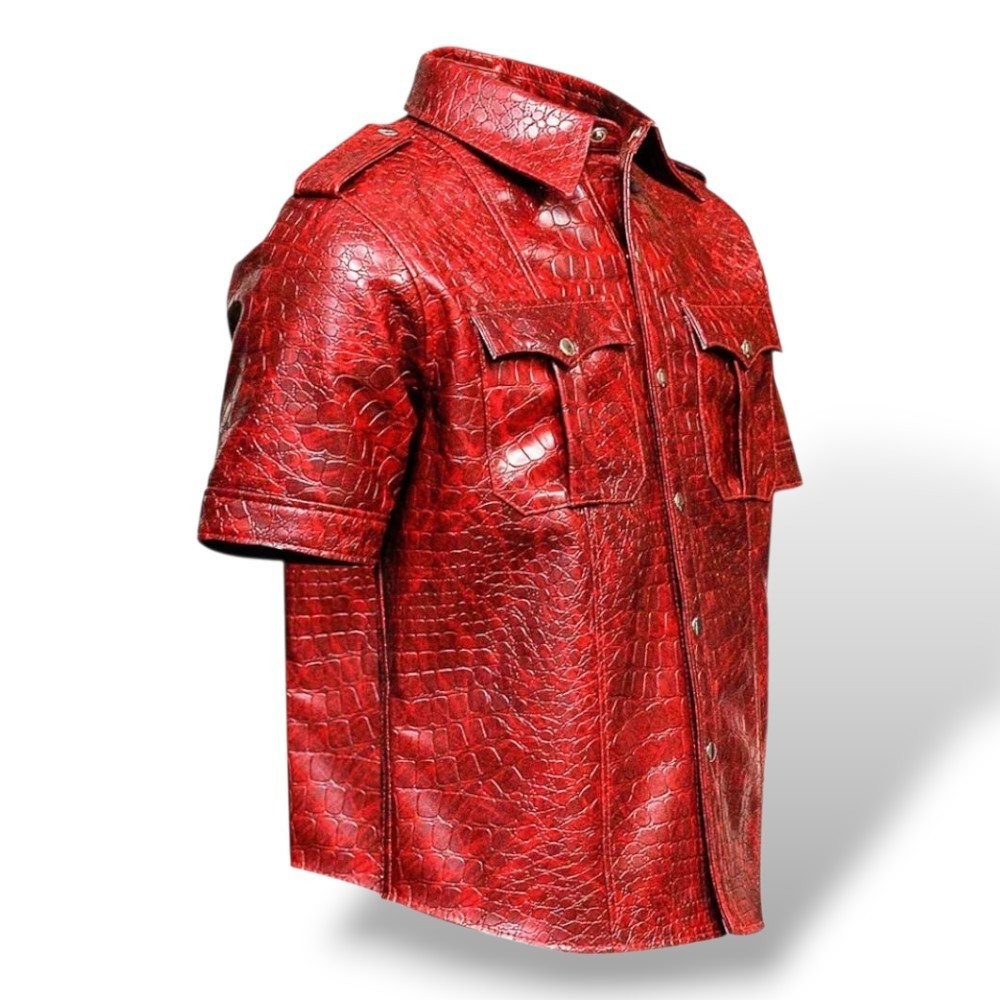 Men’s Real Crocodile Embossed Leather Shirt Red Alligator Print Western Biker