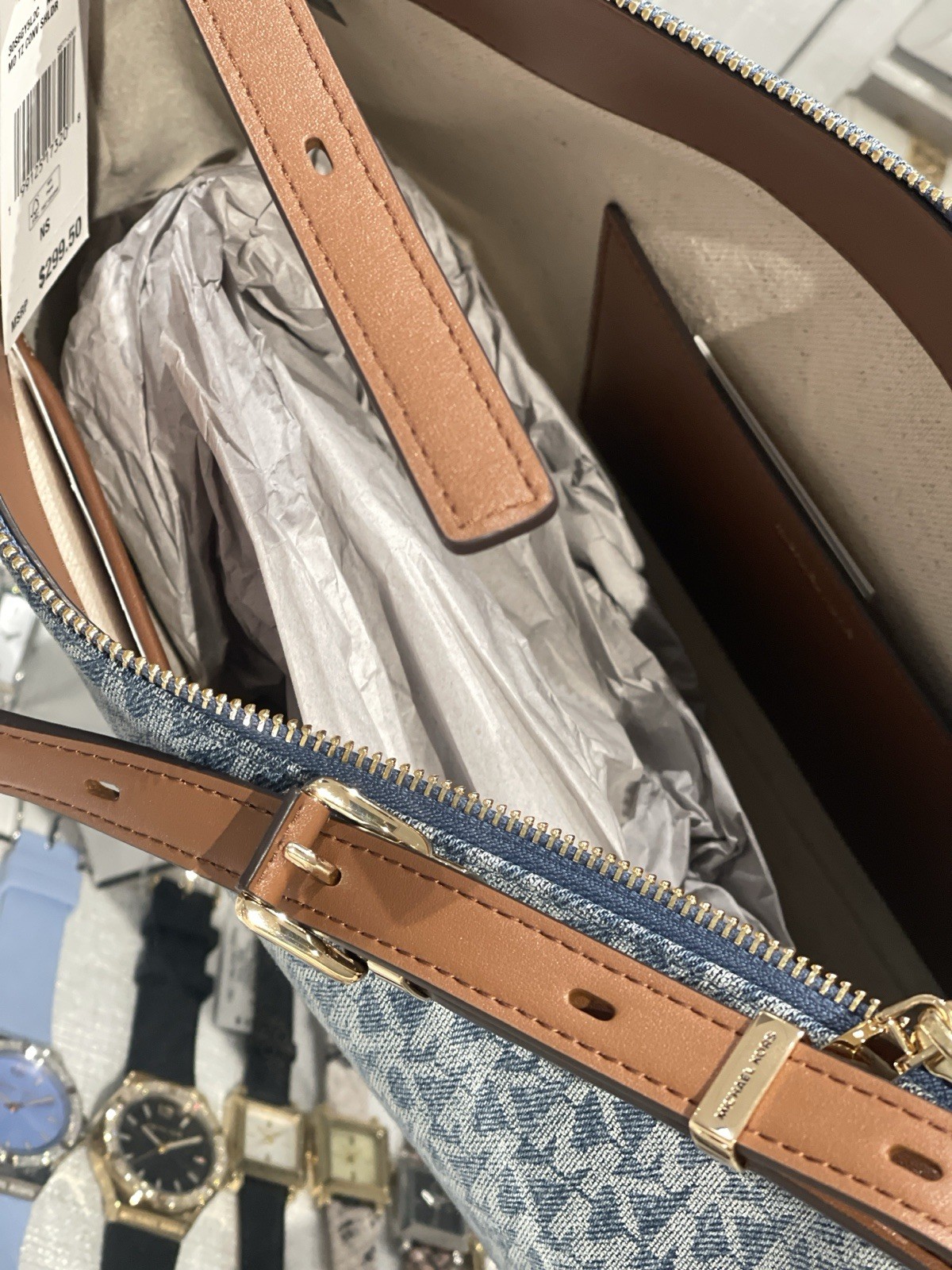 MICHAEL KORS Nolita Medium Signature Logo Print Denim Convertible Should NWT