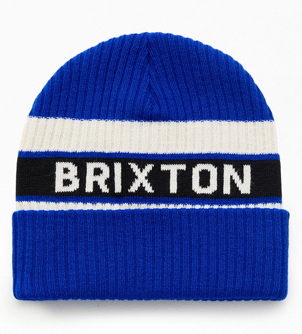 Brixton Blue Striped Logo Beanie Hat Unisex Adults One Size White/Black