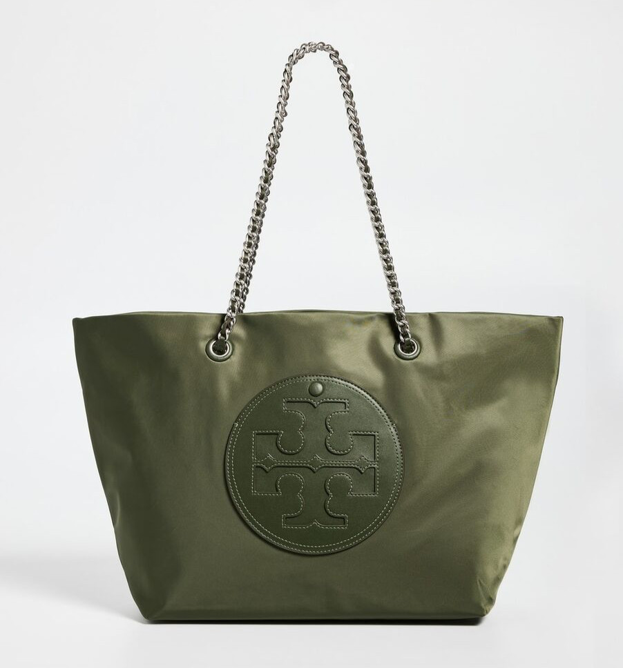 Tory Burch Ella Logo Chain Nylon Tote~NWT~ Olive Green