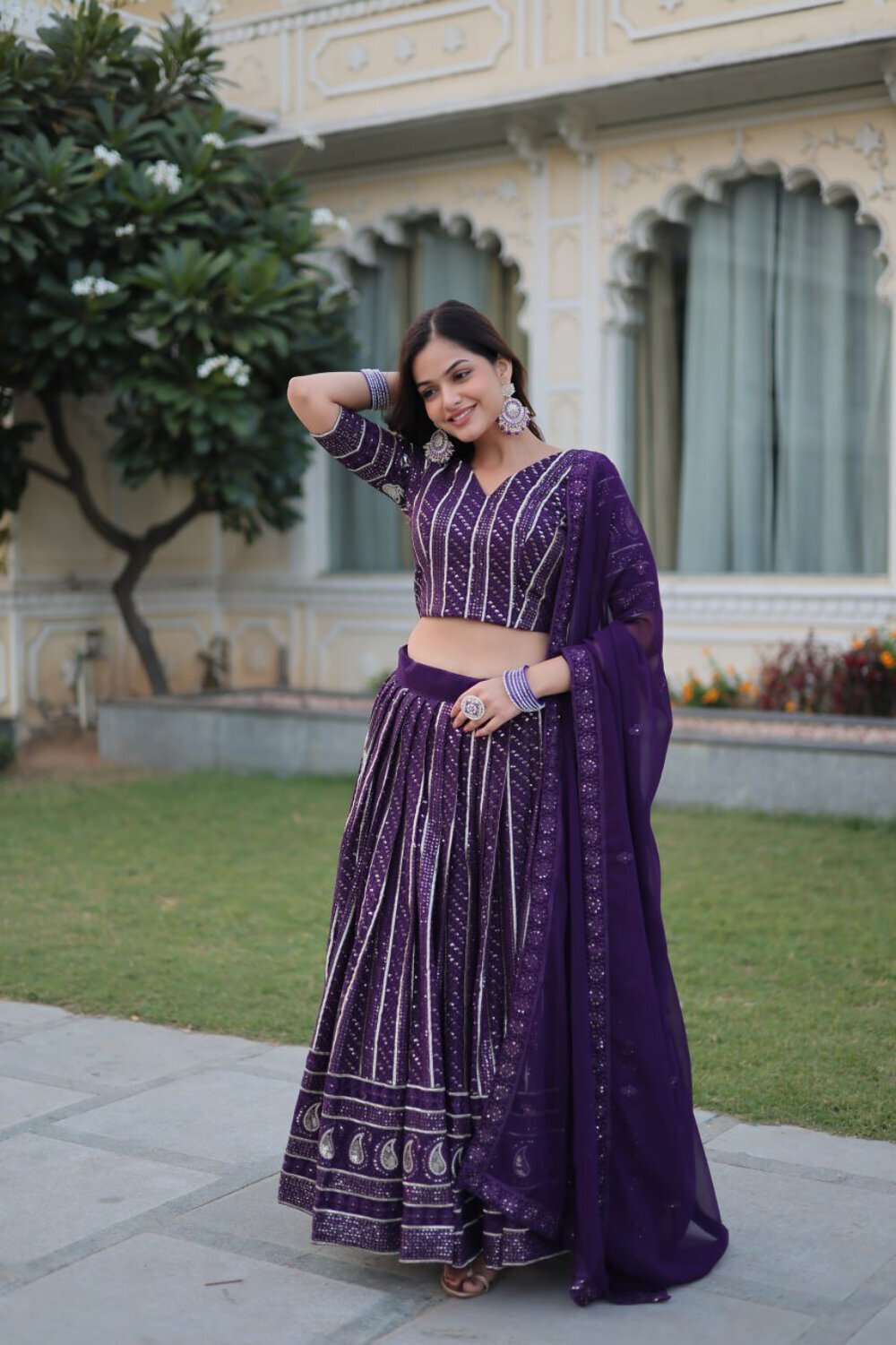 Purple Designer Dyeable Pure Viscose Jacquard fabric Lehenga Choli & Dupatta Set