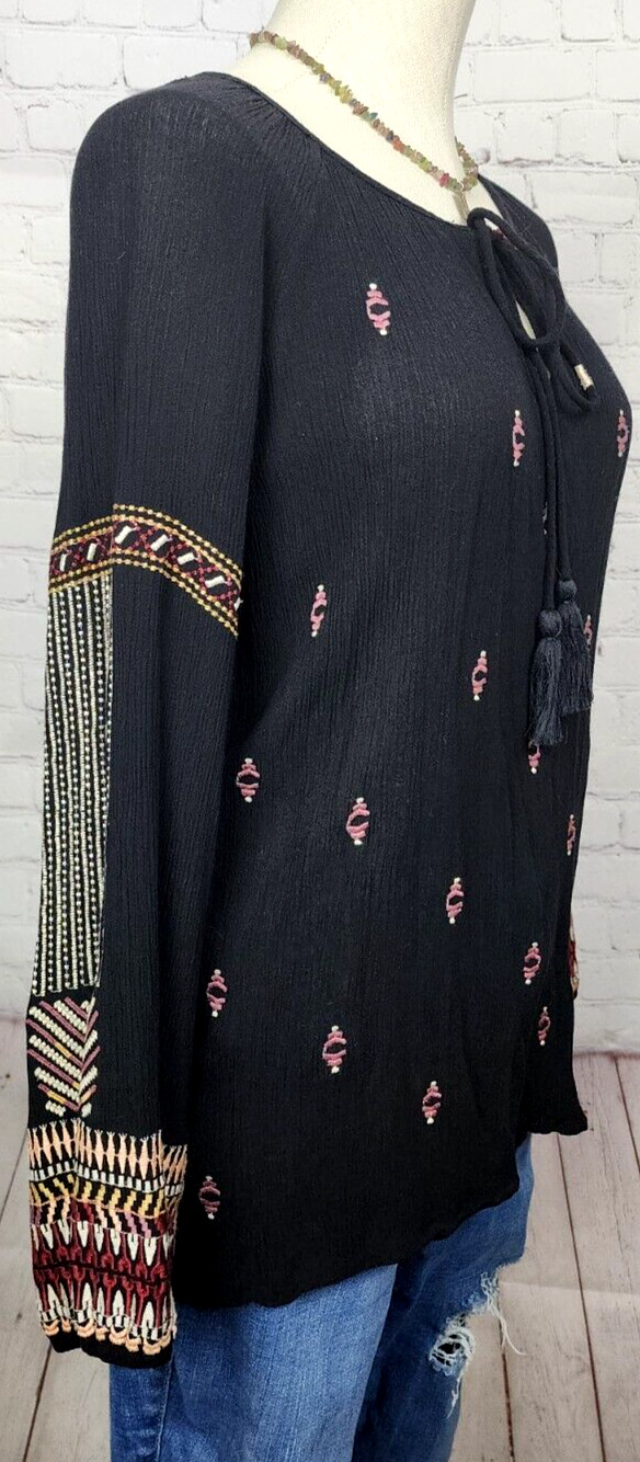 Sundance Blouse Tassels Embroidery Elastic Cuffs BOHO Western Peasant Tribal M