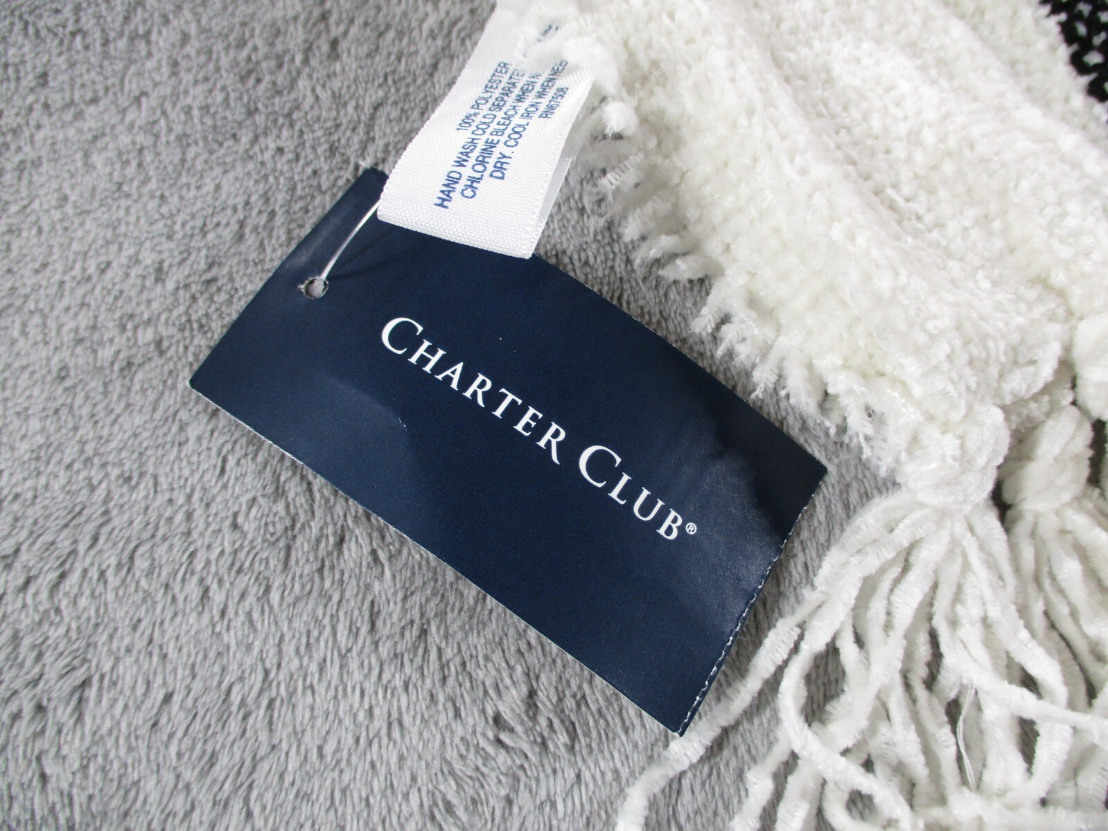 Charter Club Womens One Size Chenille Plaid Scarf Ivory Multicolor Fringe NWT