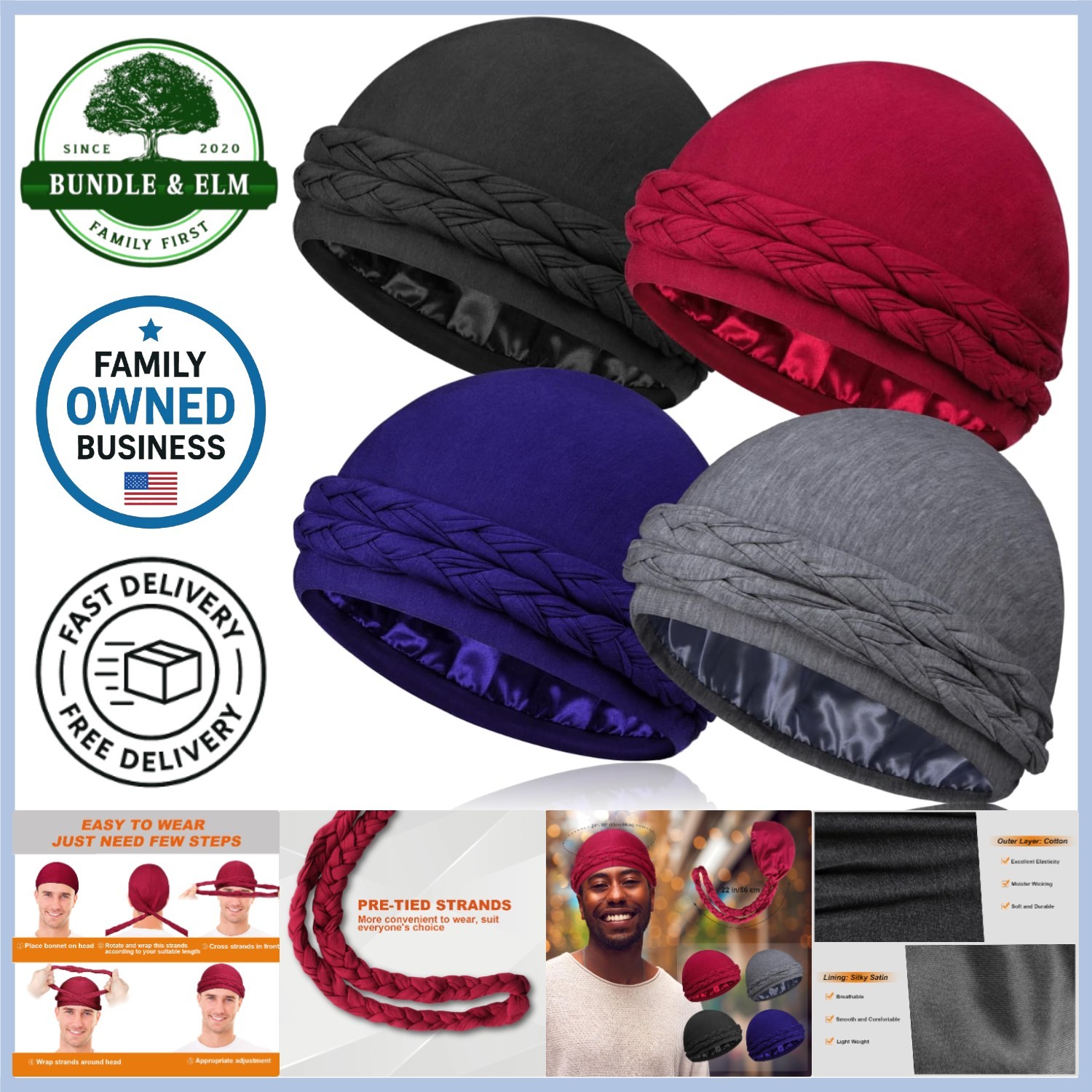 4 Pieces Satin Lined Turban Silky Head Wraps for Men, Halo Turban Mens Turban…