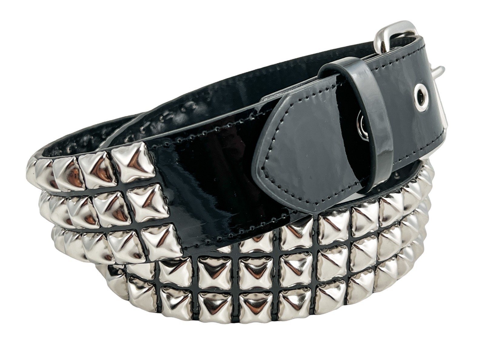Black Patent Three Row Pyramid Stud Belt Genuine Punk Goth Metal Funk Plus