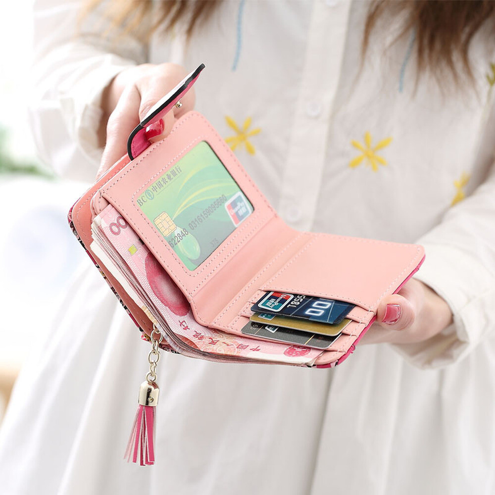 Womens Zip Around Bifold Wallet with Hasp Cute Kitty Leather Small Handbag Purse