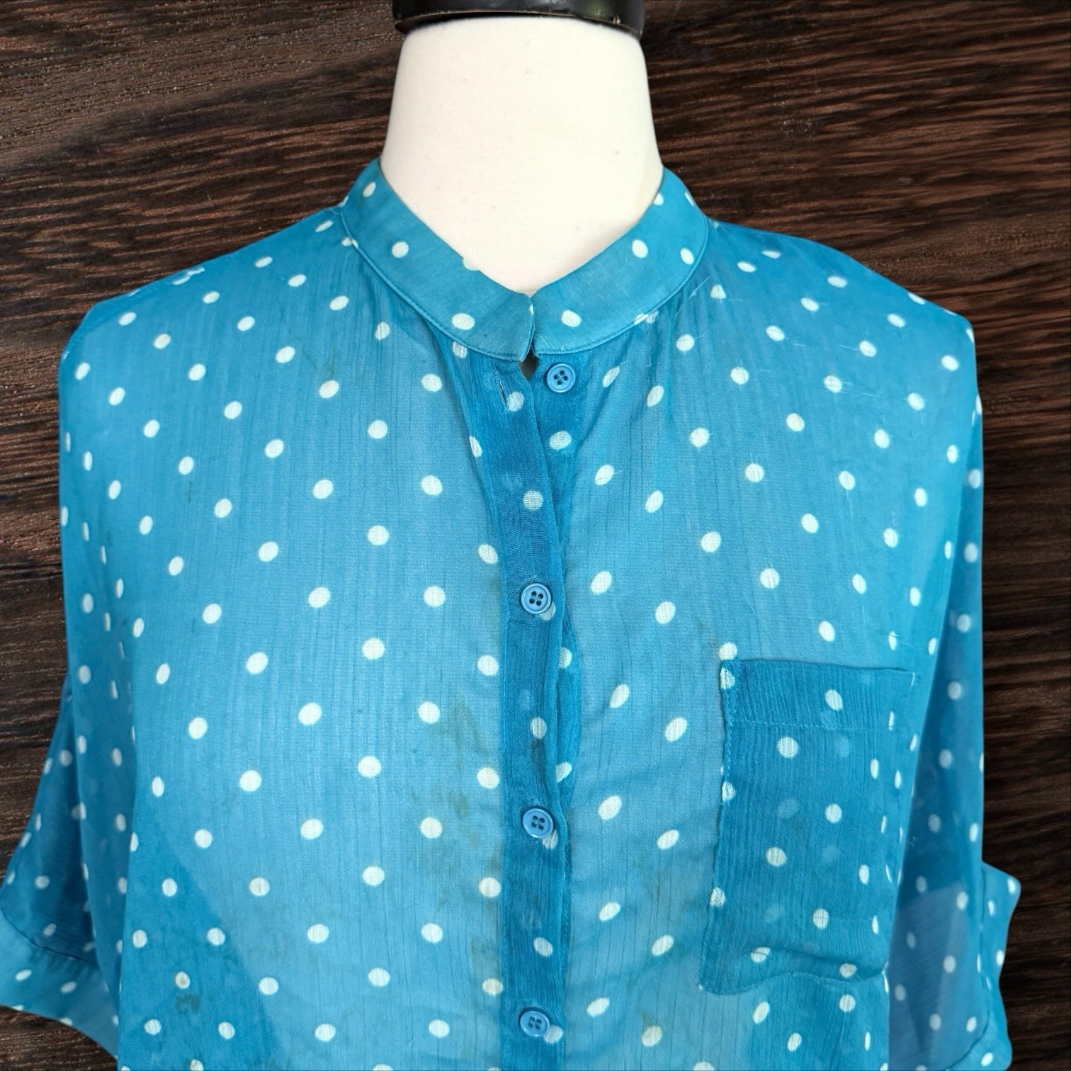 Pleione Kelly Green Polka Dot Sheer Blouse Sz S Oversized 48″ Bust Short Sleeves