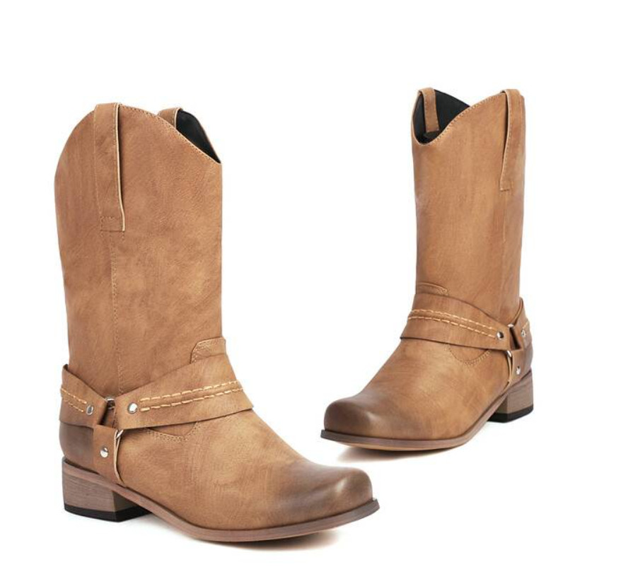 Vintage Women’s Square Toe Mid Calf Boots Fashion Chunky Heel Chelsea Shoes New