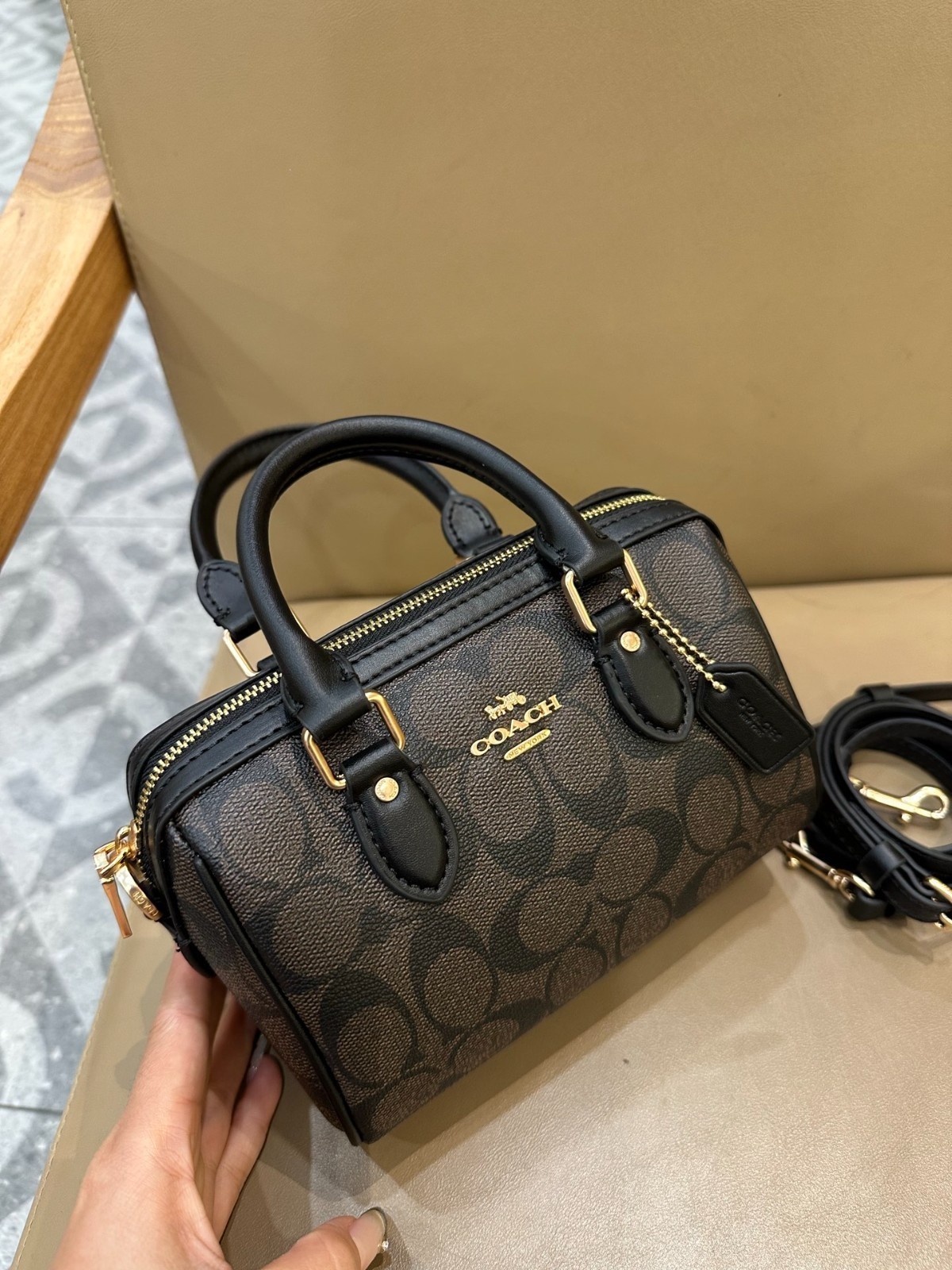 COACH Mini Rowan Crossbody CW329 Signature Canvas Walnut Black Bag Outlet New