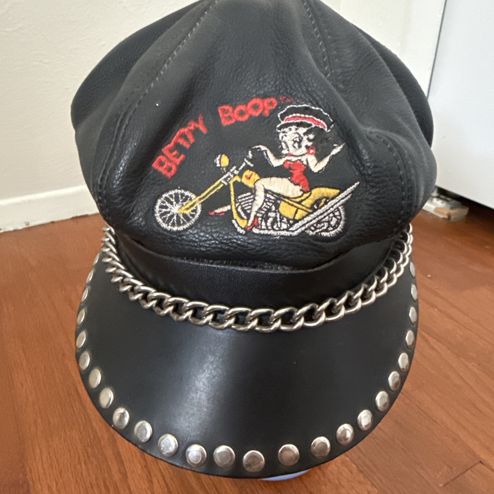 Vintage 1995 Genuine Leather Betty Boop Motorcycle Hat with metal accents