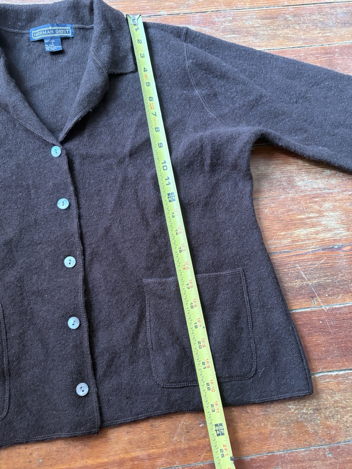 Herman Geist Cardigan Sweater Jacket Sz Large Brown 100% Wool Button Front