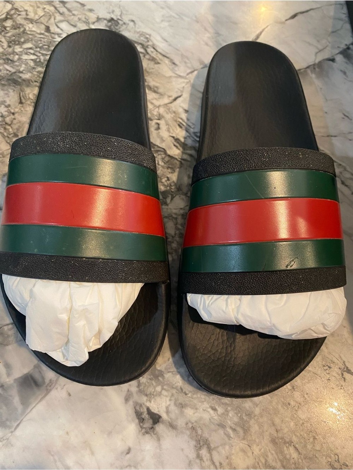 Men’s Authentic Made In Italy Green/Red Gucci Slides Box, Paper Work- Size 11
